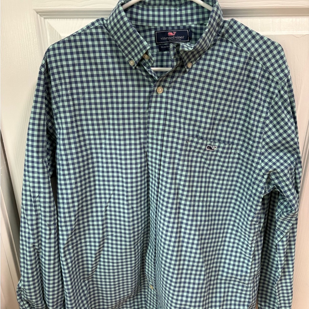 Vineyard Vines L Slim Fit Tucker Shirt / Green Blue Gingham Button-Down Shirt